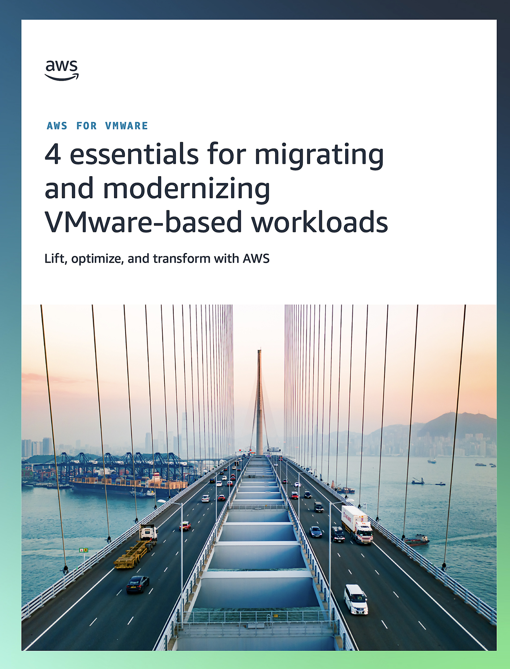 Cover for a document on AWS for VMware, featuring a bridge with cars, a city skyline, and mountains.