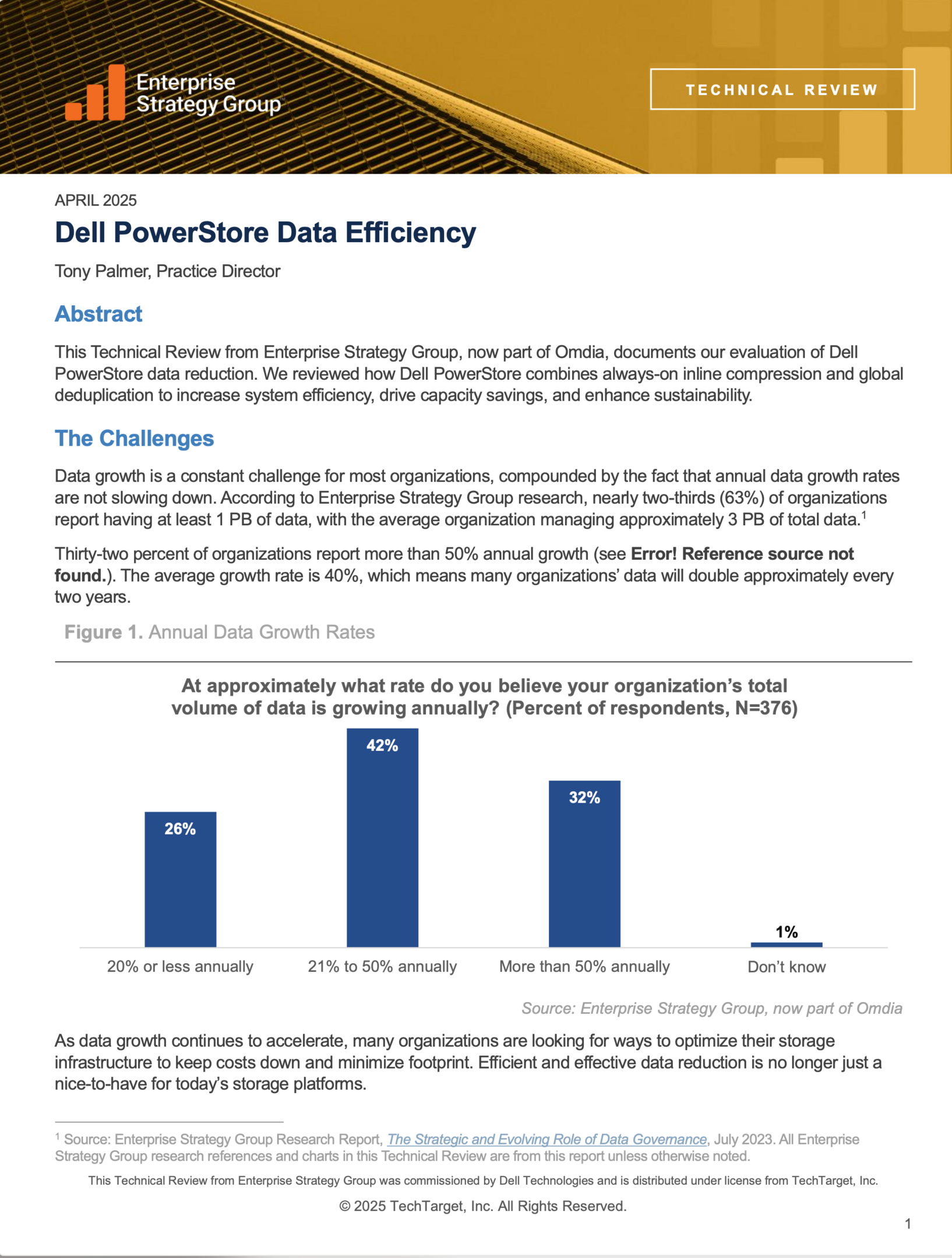 Bar chart showing annual data growth rates: 42% report 21-50% growth, 32% more than 50%.