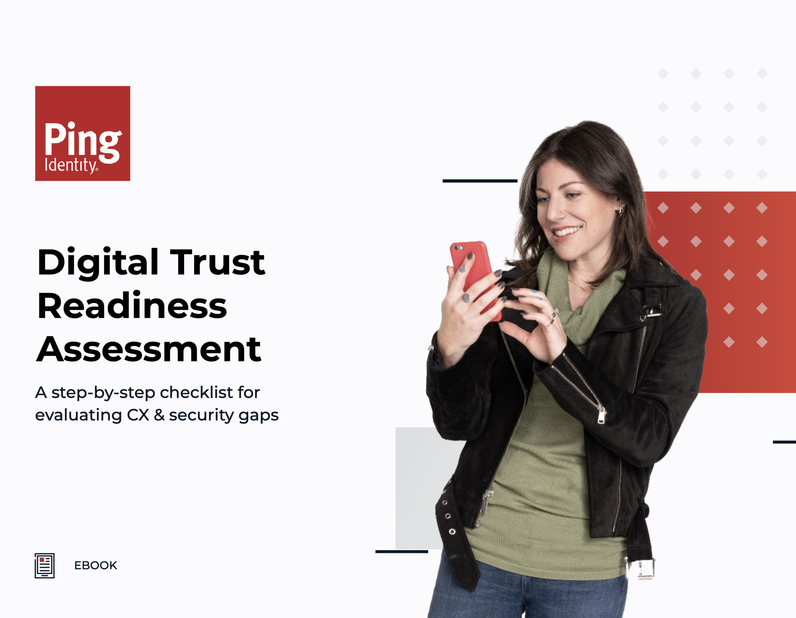A woman reviews a Ping Identity ebook titled 'Digital Trust Readiness Assessment' for evaluating CX & security gaps.