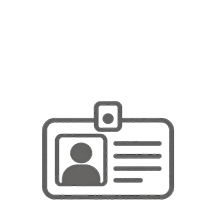 Gray outline icon of an ID badge with a person's silhouette and lines representing text.