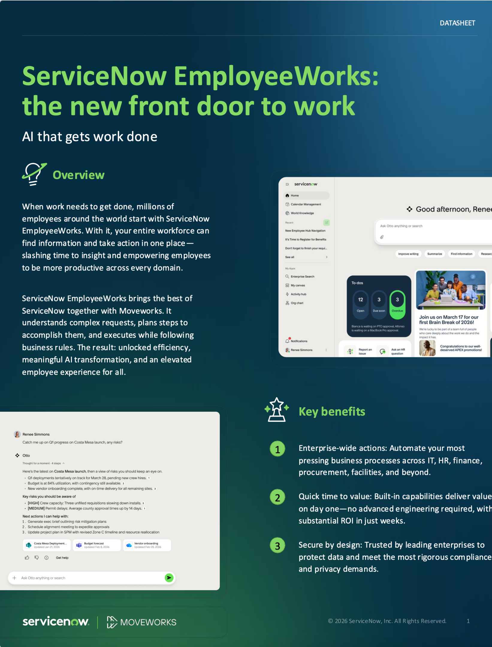 Datasheet for ServiceNow EmployeeWorks, highlighting AI, automation, and benefits.
