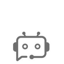 Gray icon of a chatbot or customer support bot with a headset, microphone, and speech bubble.
