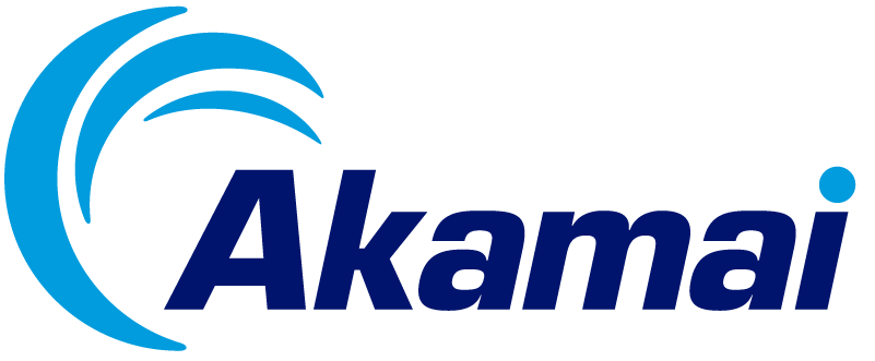 Akamai Technologies logo with blue wave graphic and dark blue 'Akamai' text on a dark green background.