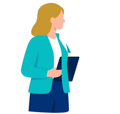 Illustration of a woman in a teal jacket holding a document, looking right.