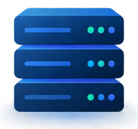 Stack of three blue server racks with glowing indicator lights.