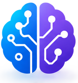 A stylized brain icon with two halves, one blue and one purple, each featuring circuit board patterns.