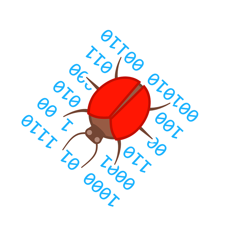 A red ladybug, symbolizing a computer bug, surrounded by blue binary code (0s and 1s) on a white circle.
