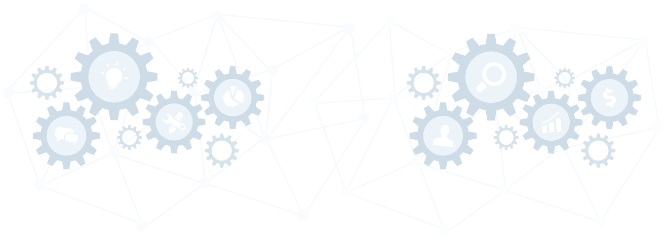 Interconnected gears with icons for ideas, communication, tools, data, people, search, growth, and finance.