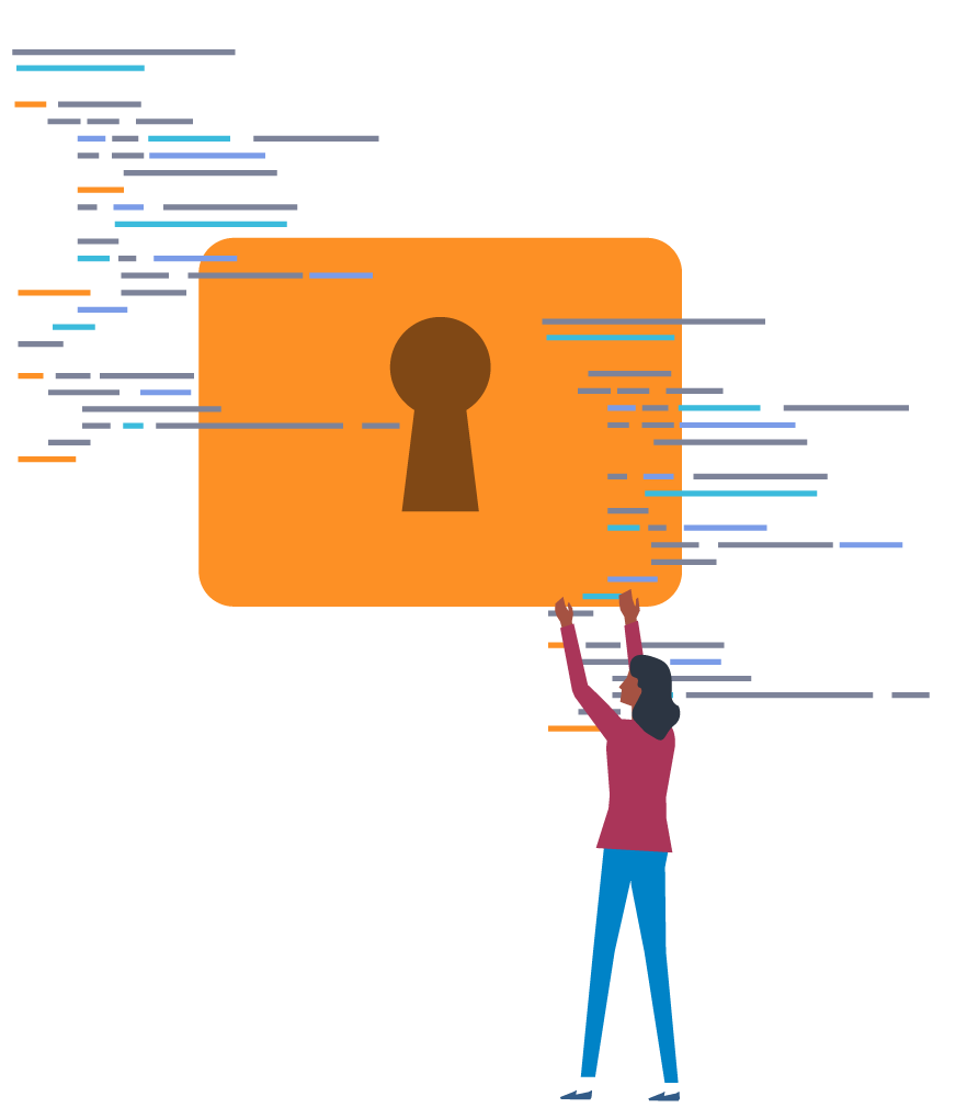 Person reaching towards an unlocked padlock surrounded by lines of code.