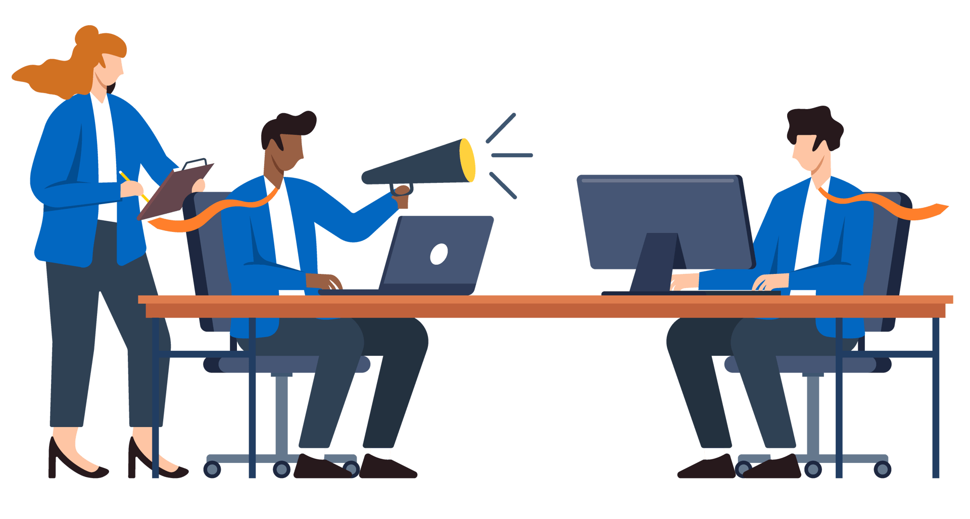 Three office workers at desks, with computers, a megaphone, and a connecting tie.
