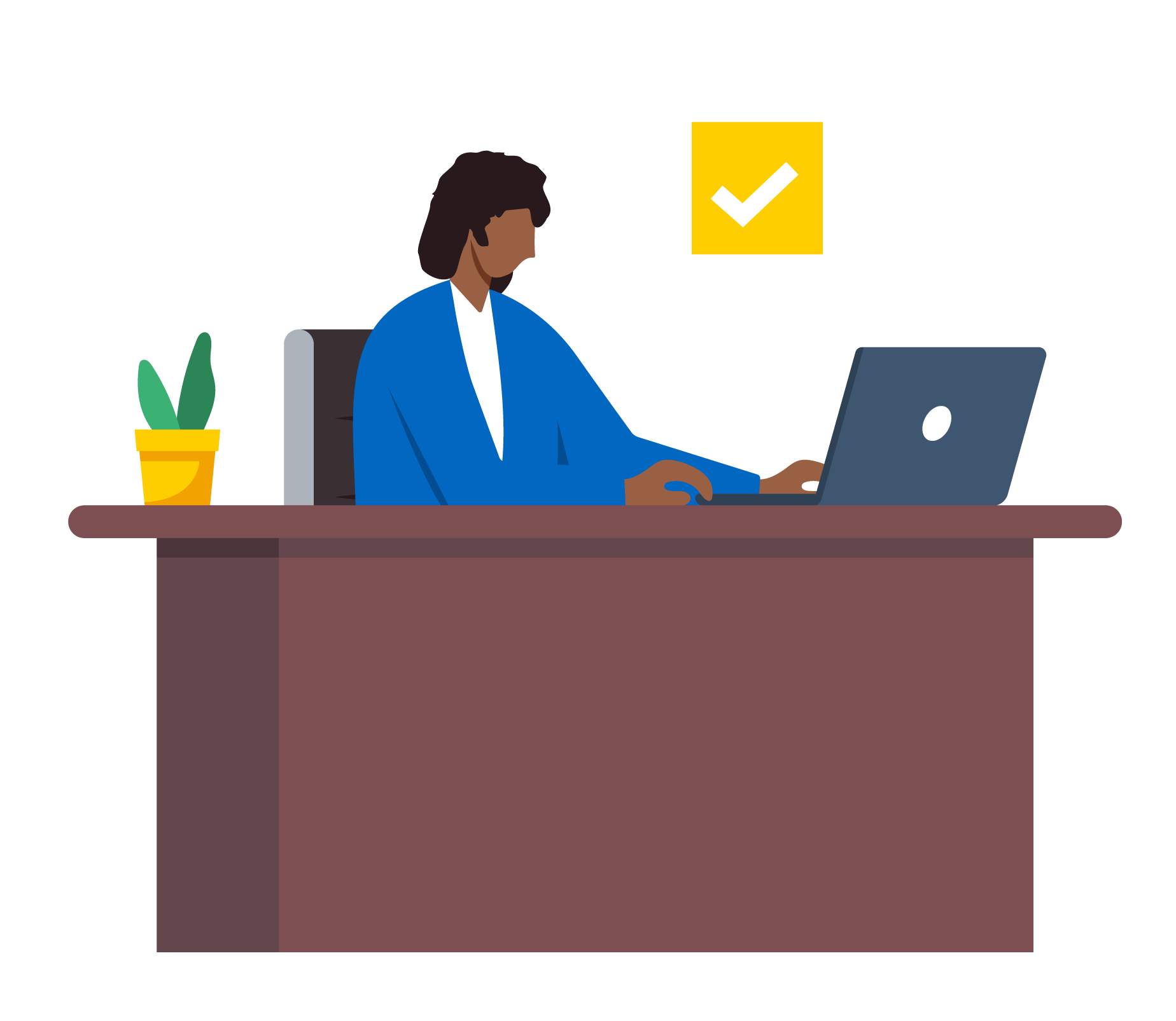 Illustration: Person working at desk on laptop with a plant and a checkmark icon.