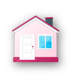 A cartoon-style pink house with a white door, blue window, and gray chimney.