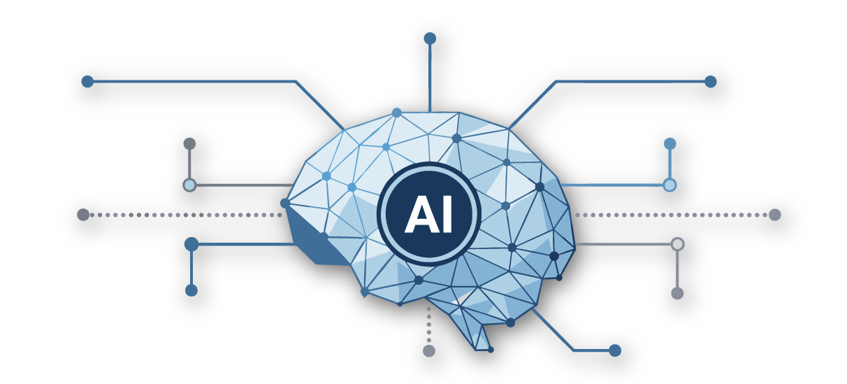 A polygonal brain illustration with 'AI' in the center, surrounded by a network of connected nodes.