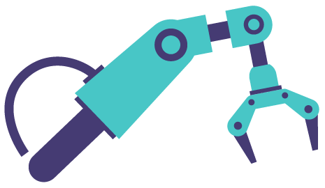 Teal and purple robotic arm with a three-fingered gripper.