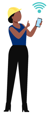 Worker in hard hat holds phone with Wi-Fi symbol, pointing.