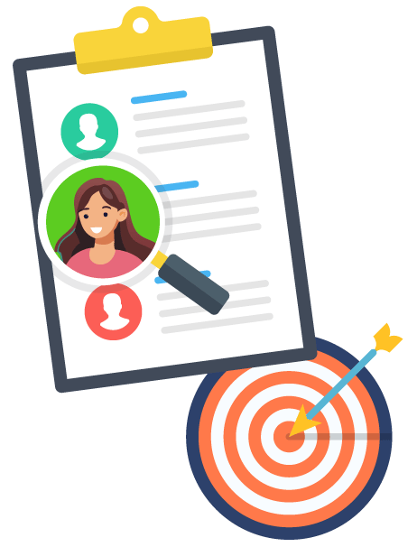 Recruitment process: resume, magnifying glass, and target hit by an arrow.