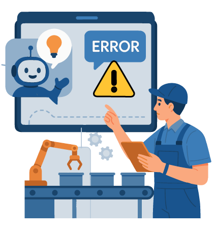 AI/robot error on screen, man observes factory automation.