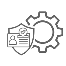 Icon representing identity management and security settings, with a shield, ID card, checkmark, and gear.