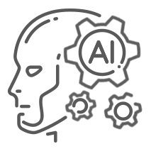 Line art icon of a human head profile with gears, one labeled 'AI', representing artificial intelligence.