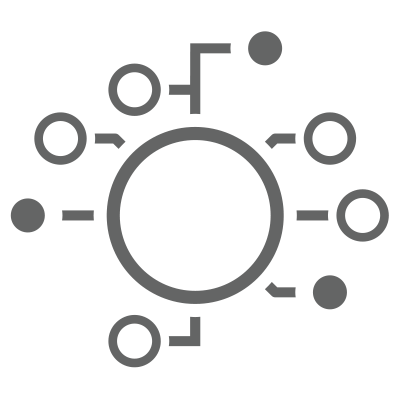 An icon showing a large central circle connected to smaller circles and dots, representing a hub or network.
