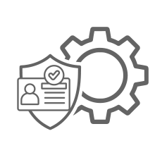 Icon of a shield with an ID card and a gear, symbolizing identity verification and system management.
