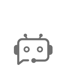A gray icon depicting a chatbot's head with a headset and a speech bubble.