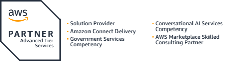 AWS Partner Advanced Tier logo with list of competencies: Solution Provider, Amazon Connect, Government, Conversational AI, AWS Marketplace.